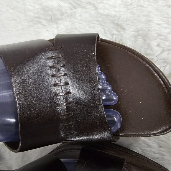 Zu Chocolate Brown Leather Whipstitch Slide On Heeleed Sandal Size 9 - Picture 5 of 15